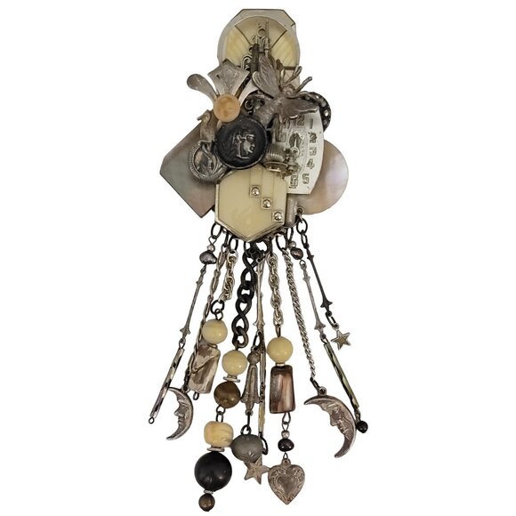 Lisa Carlson Artisan Steam Punk Multi Charm Chatelaine Brooch, Signed - Picture 6 of 6